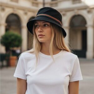 Women's Black Bucket Hat with Green & Orange Contrast Stripe